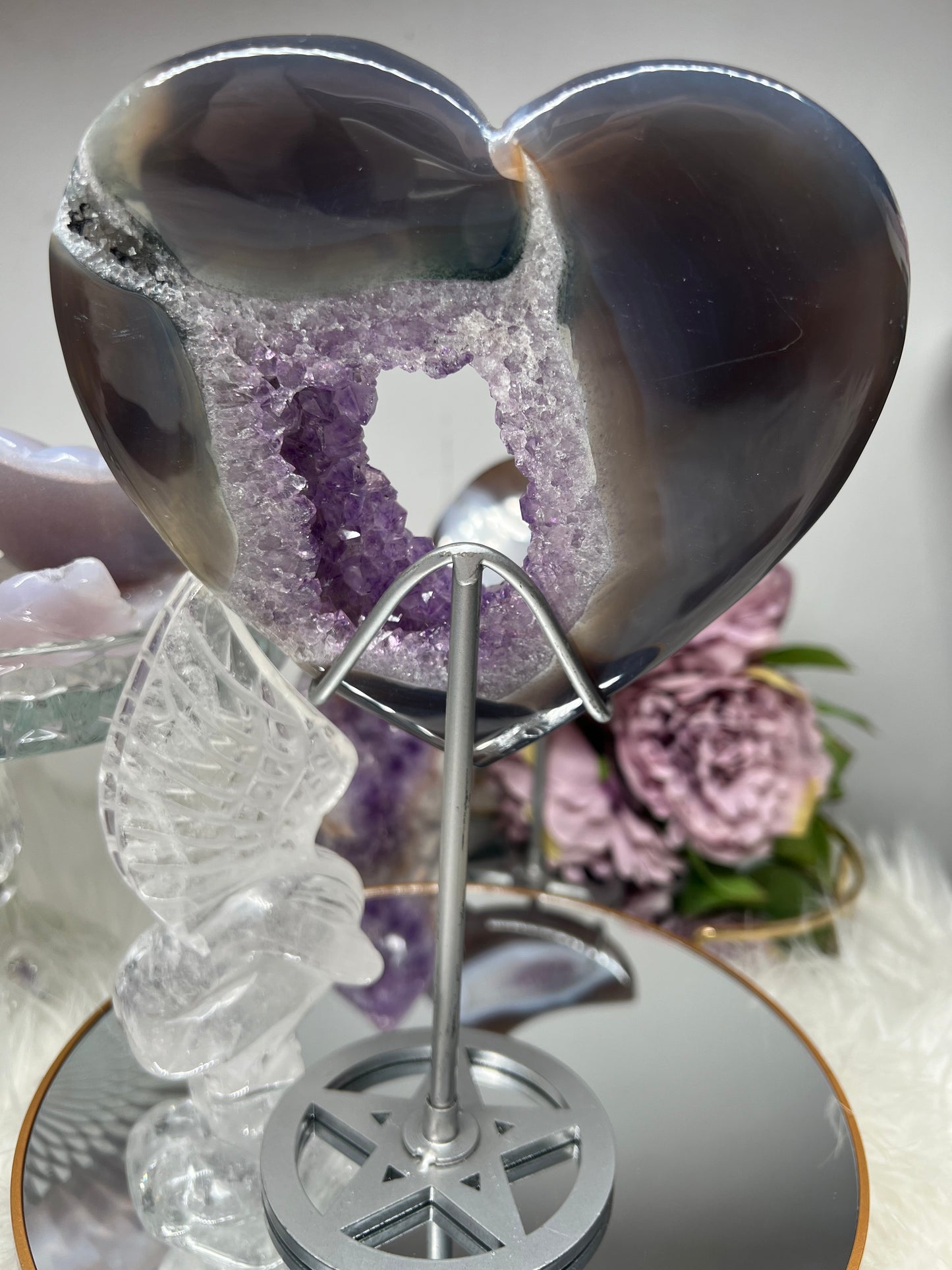 Amethyst & agate with moss agate inclusions sparkly heart with metal stand