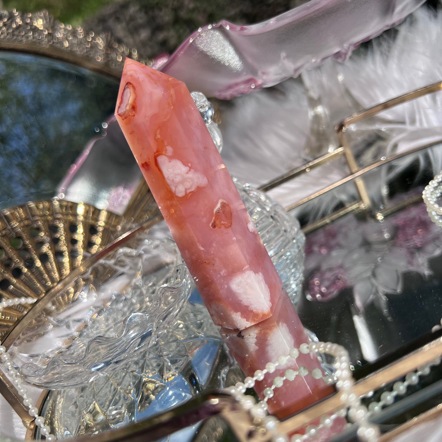 Pink Carnelian with Flower Agate inclusions crystal tower