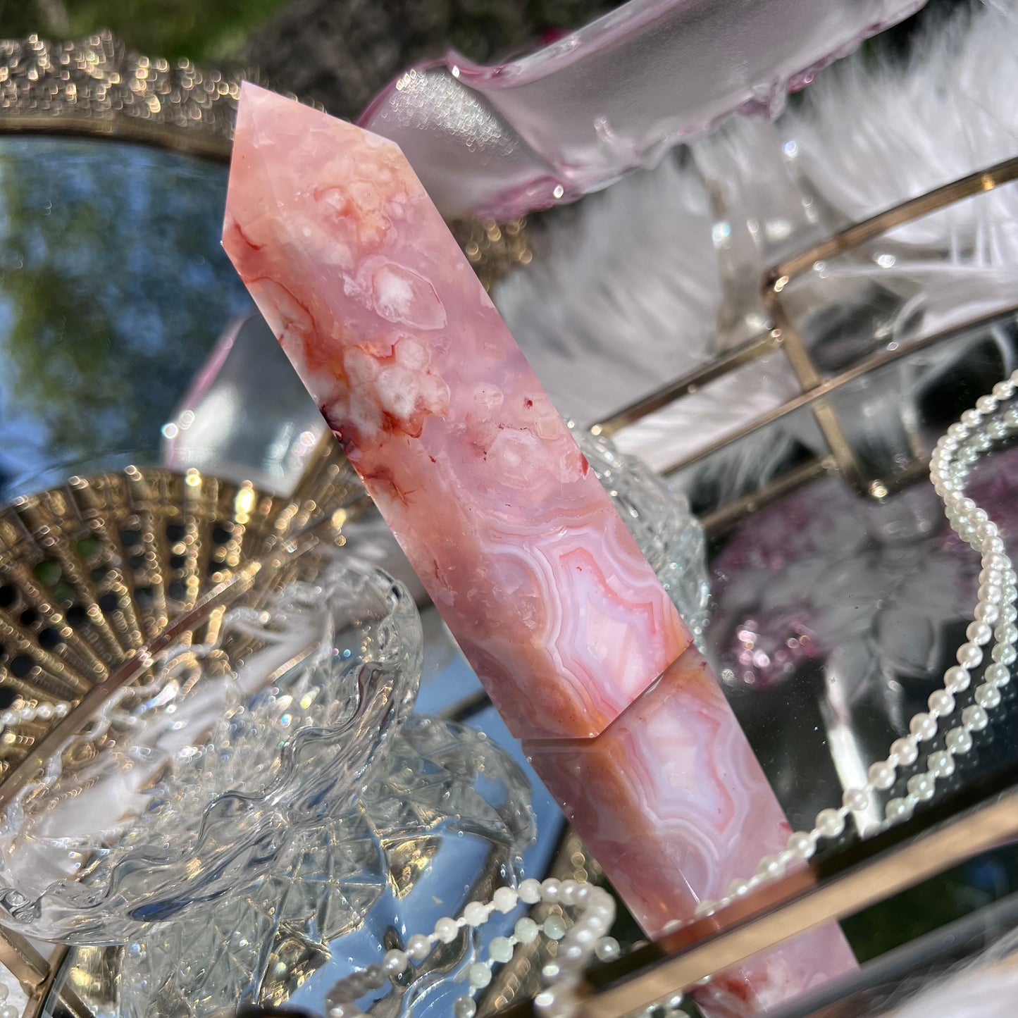 Pink Carnelian with flower agate & mineral inclusions