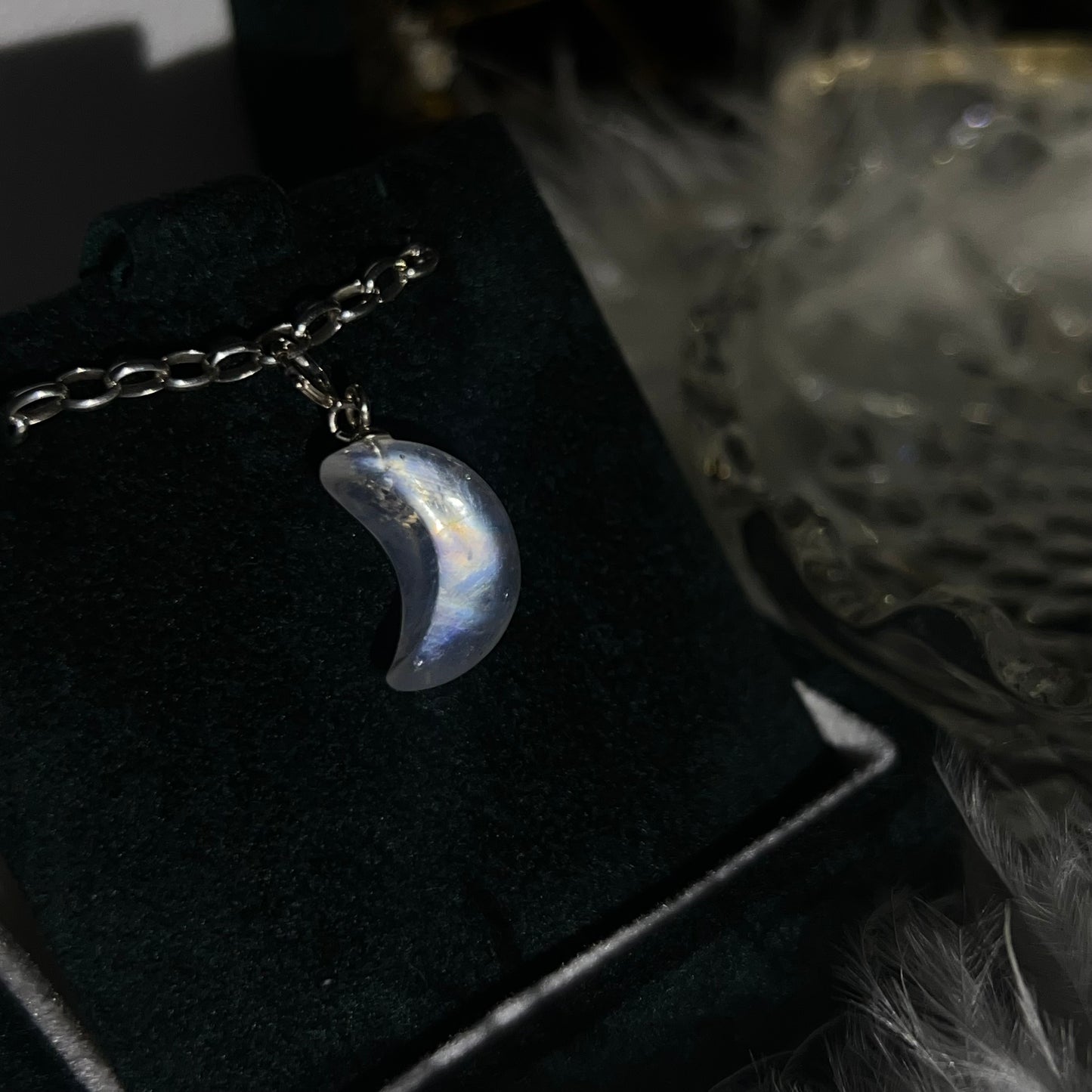 Rainbow moonstone 925silver moon charm #E