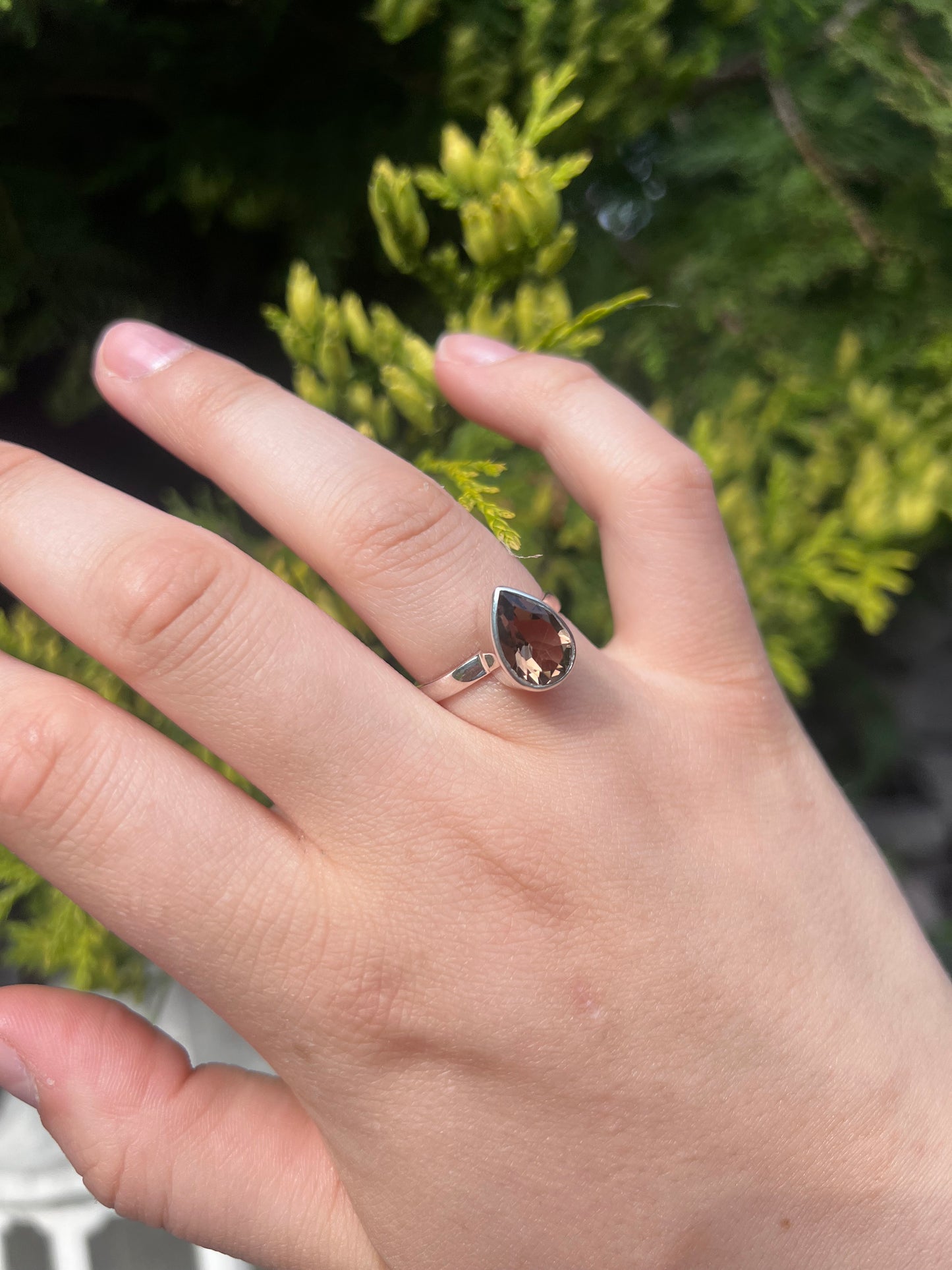 Smokey Quartz faceted teardrop Ring size 9 - 925 silver