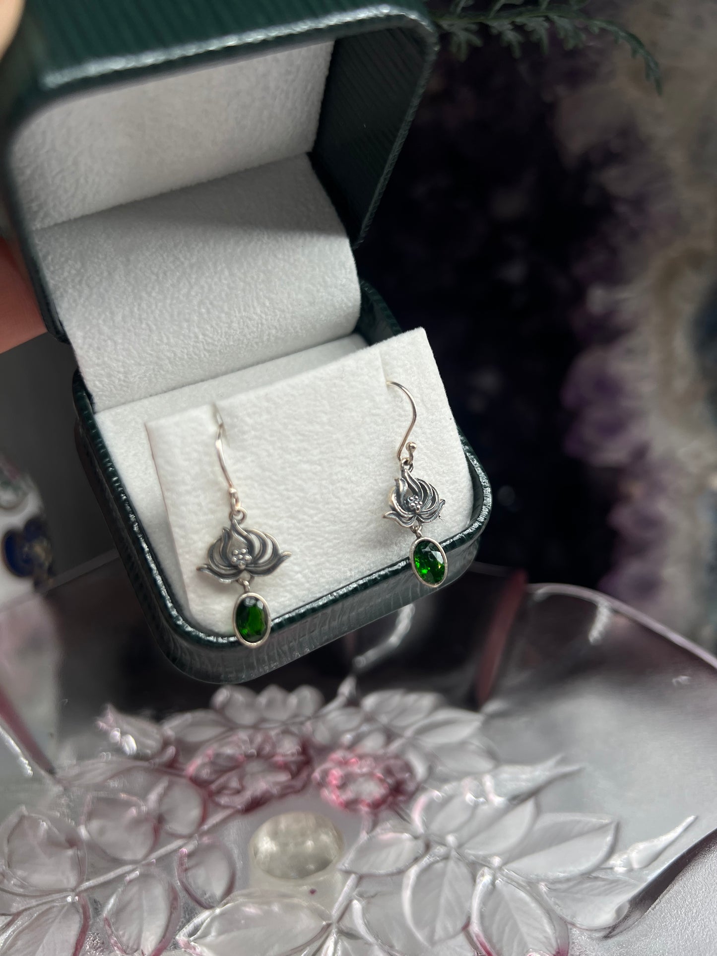 Diopside Faceted dangly lotus detailed earrings - 925 silver