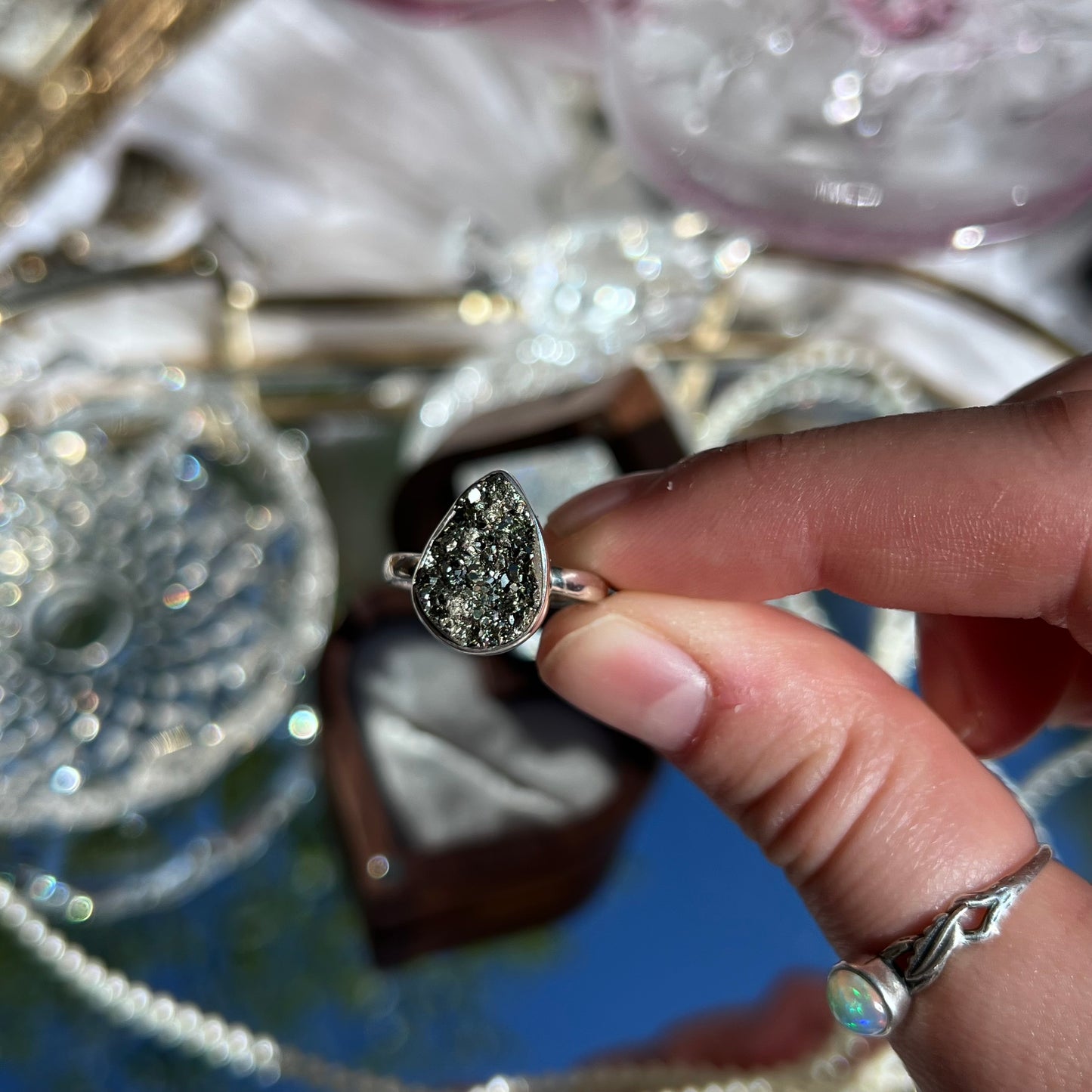 Pyrite Teardrop shape crystal ring from 📍Peru - 925silver - size UK P - US 8