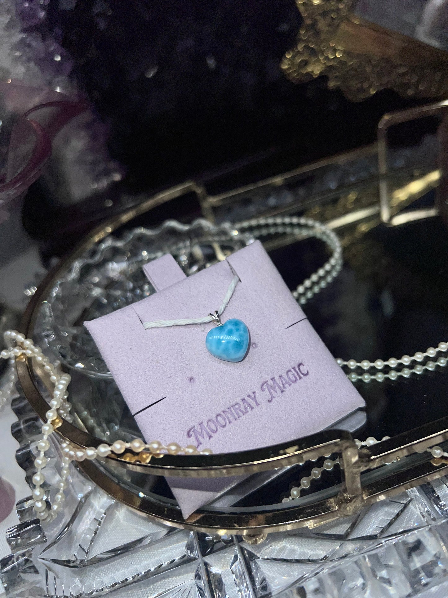 Larimar Heart carved crystal 925silver pendant necklace