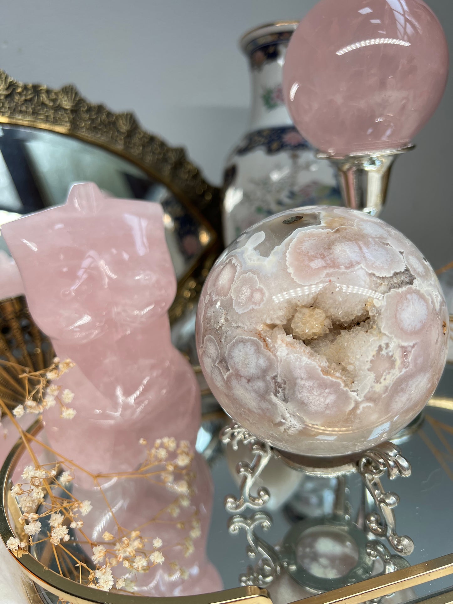 Pink amethyst flower orbicular agate sphere with quartz & sparkly quartz inclusions