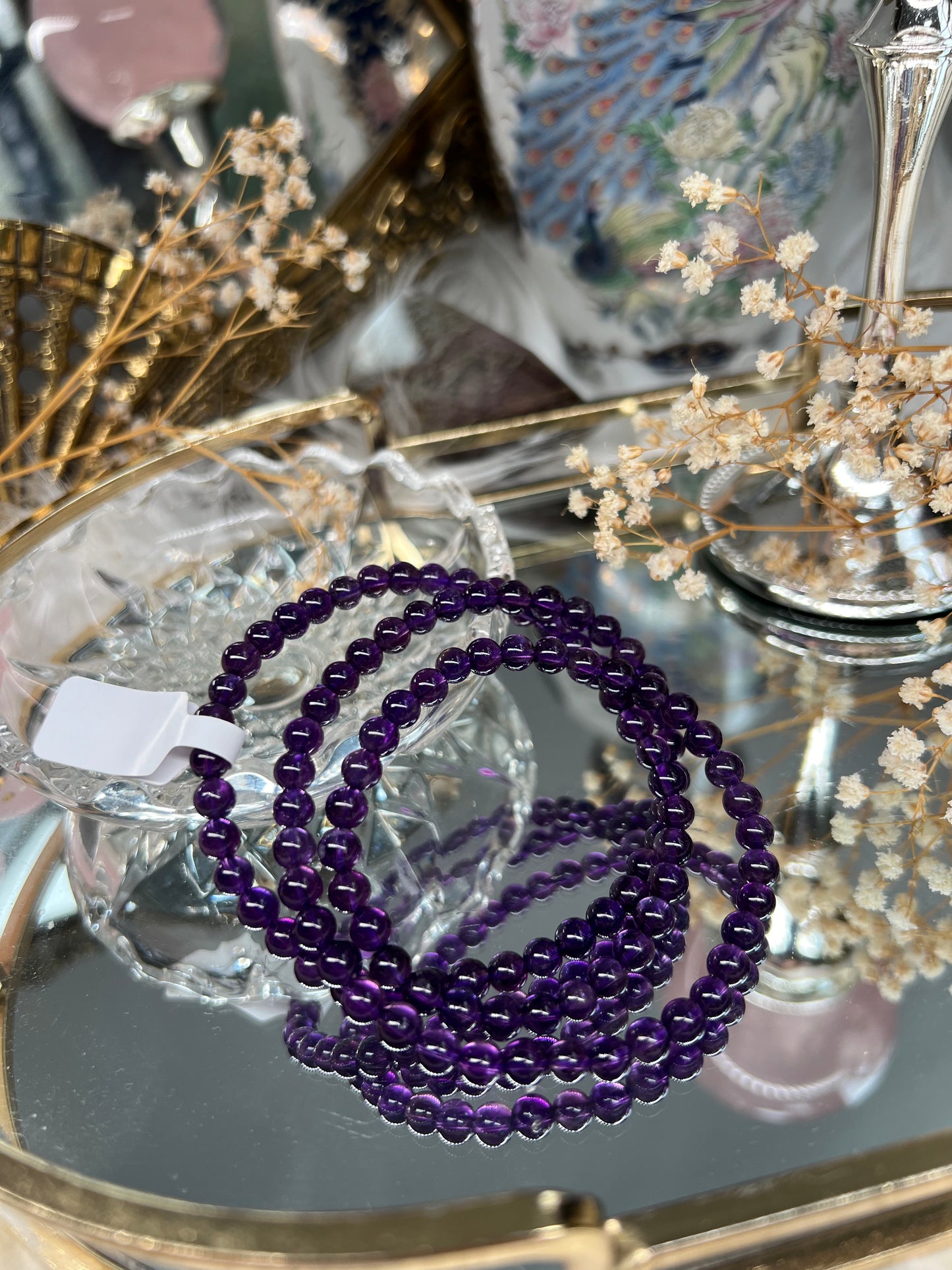 Amethyst beaded necklace / triple stack bracelet