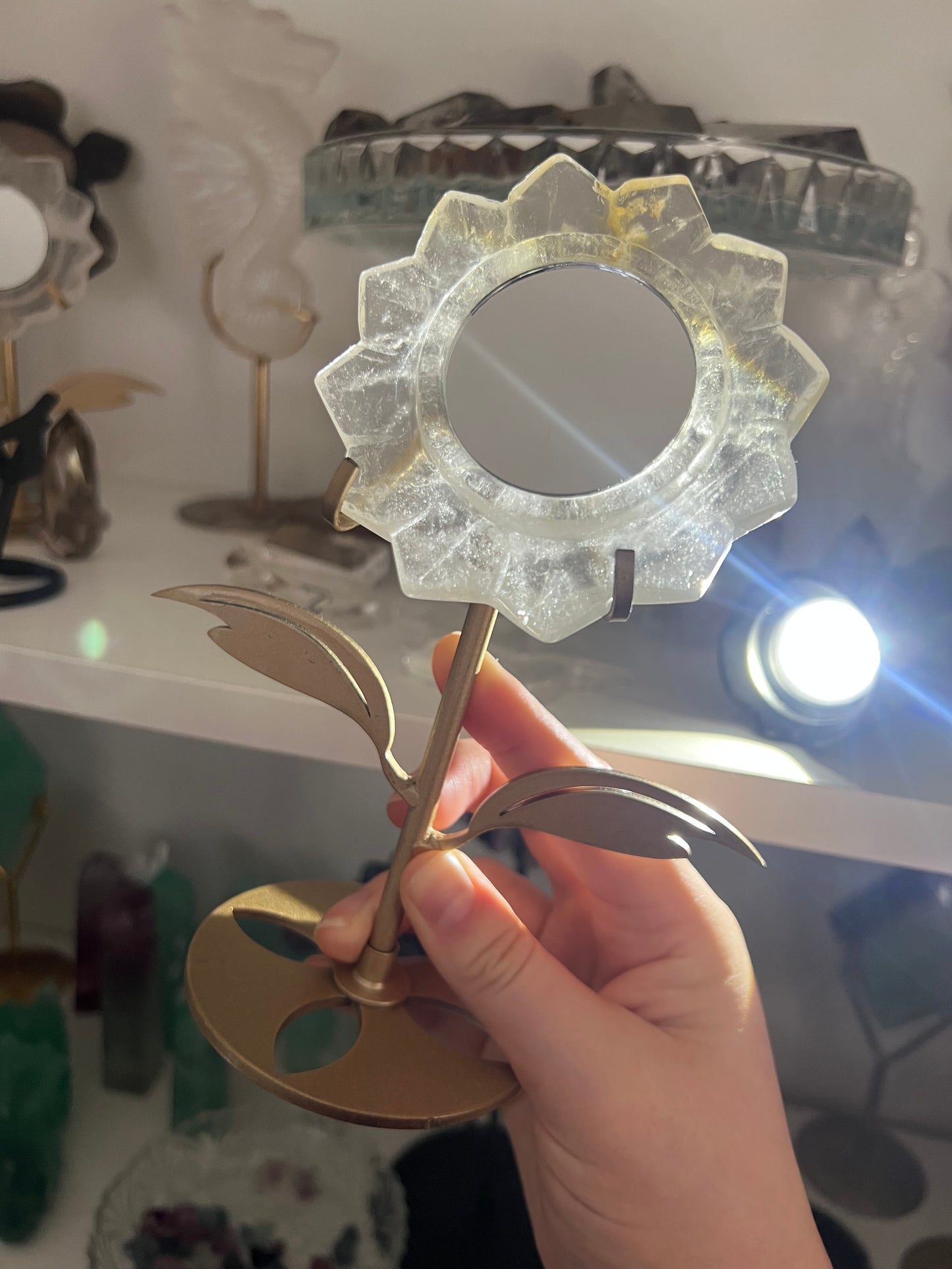 Clear quartz golden healer sunflower carving with stand