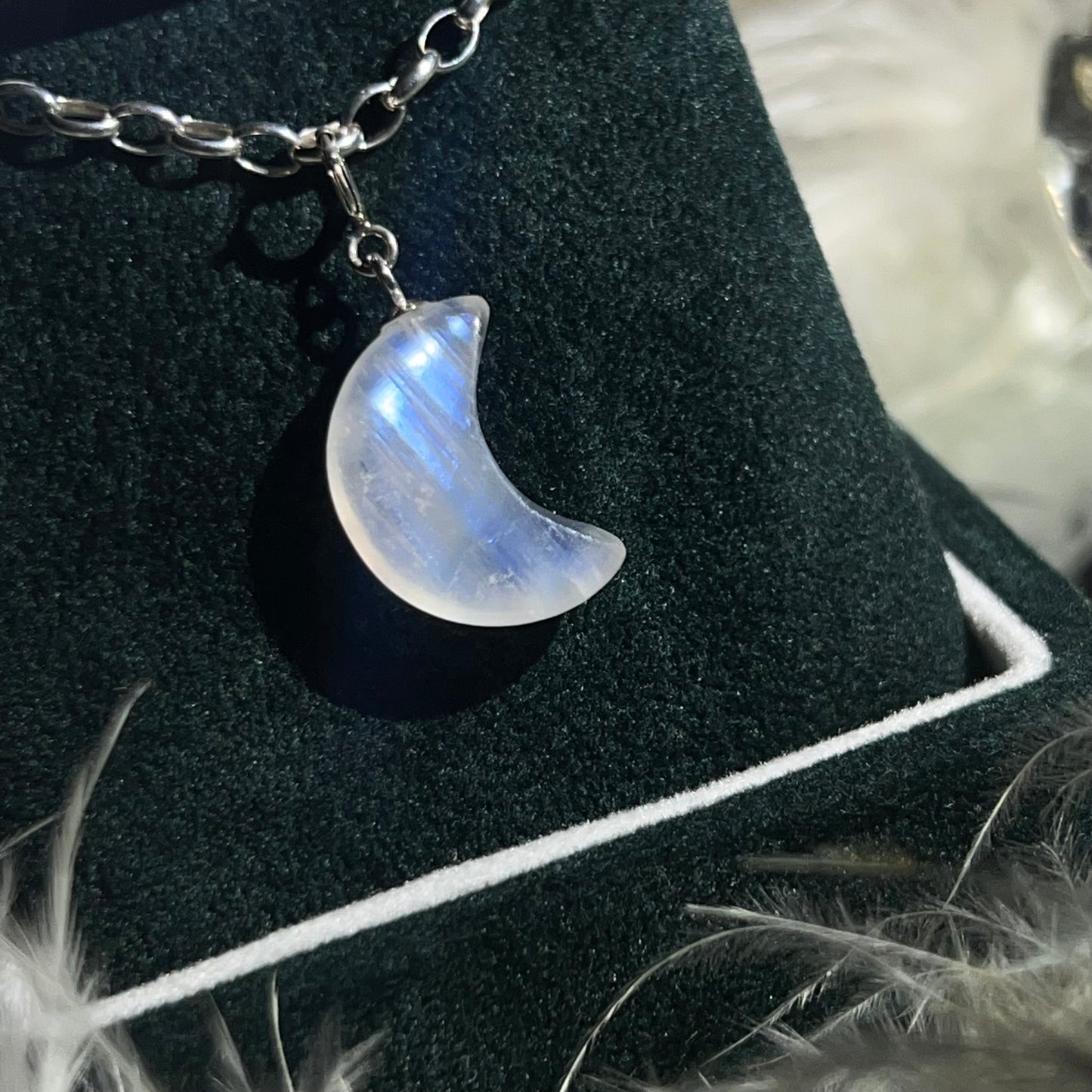 Rainbow moonstone 925silver moon charm