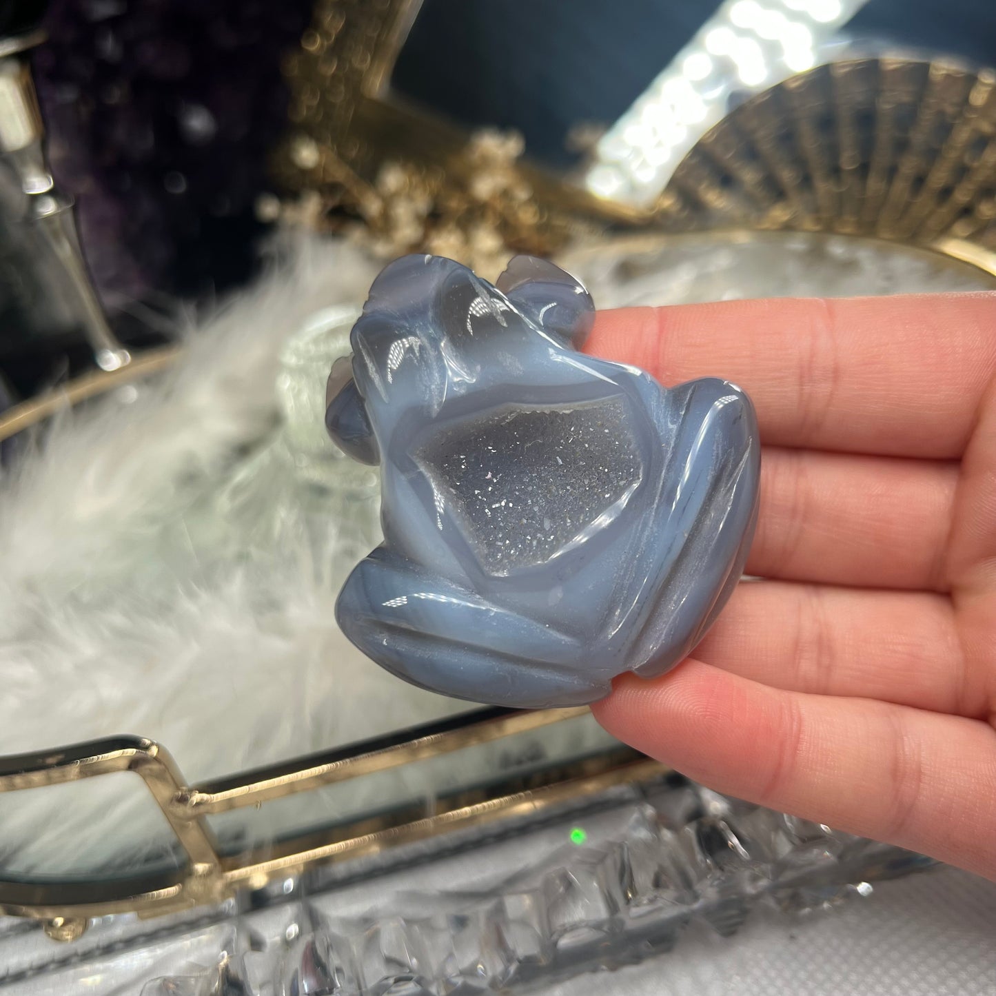 Druze agate frog carving #A