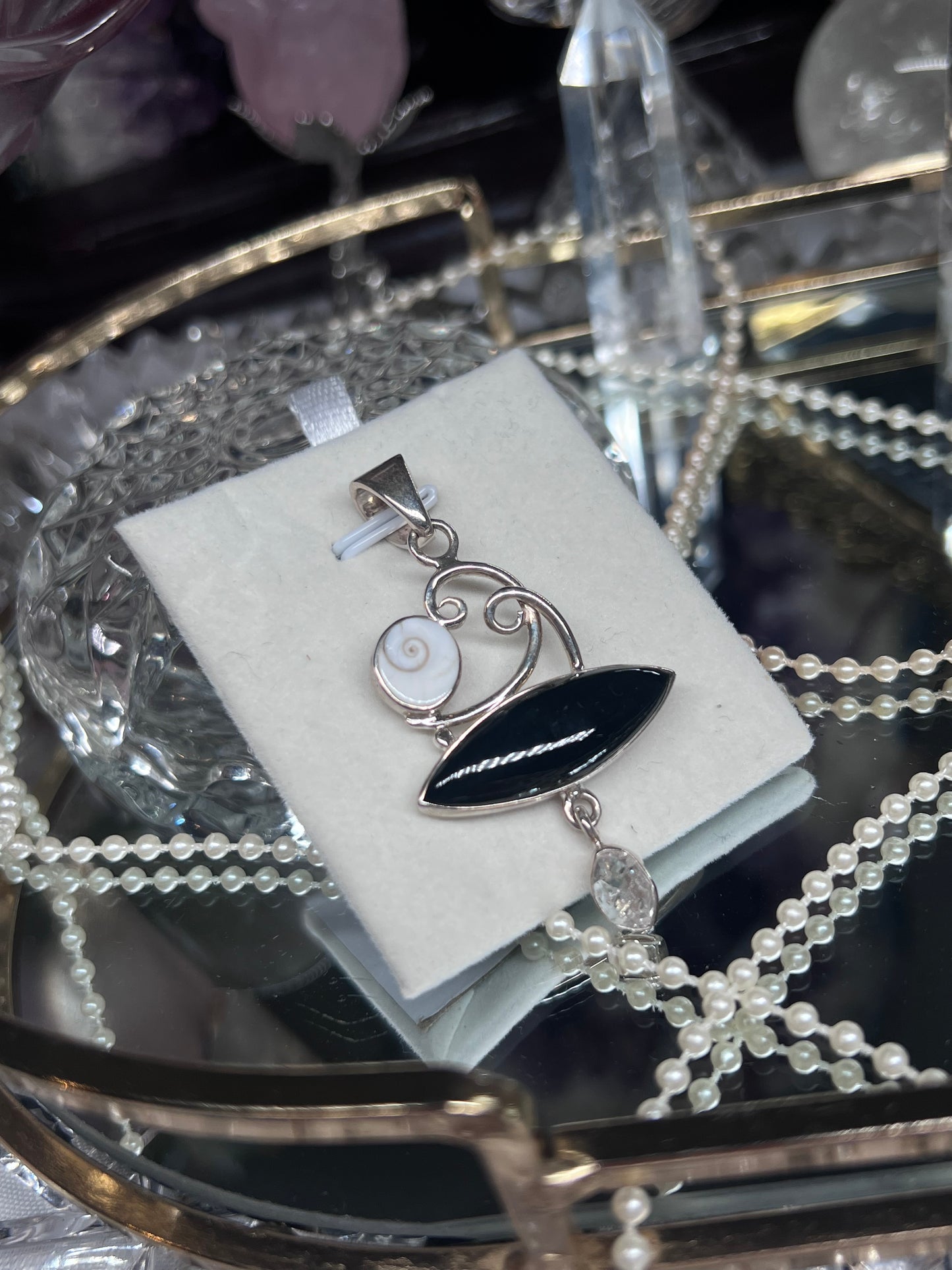 Black obsidian, Shiva Shell & Herkimer Diamond 925silver statement pendant necklace