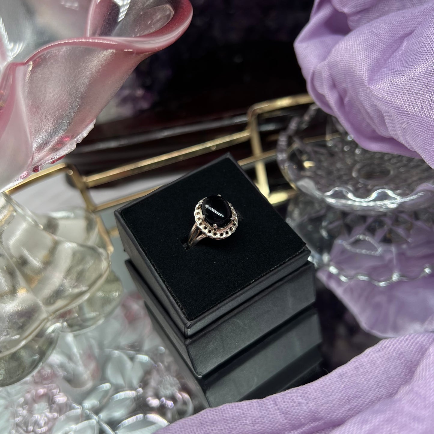 Black obsidian vintage style Ring  - 925silver - size ukM- US 6