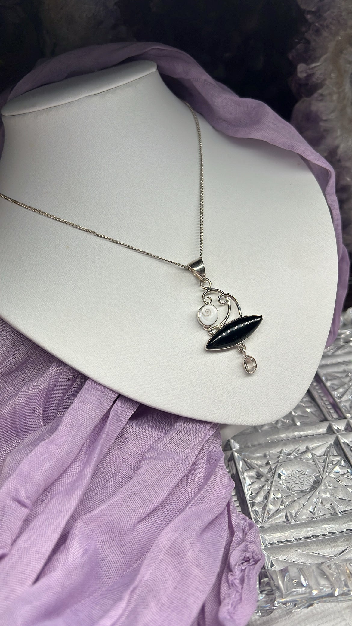 Black obsidian, Shiva Shell & Herkimer Diamond 925silver statement pendant necklace
