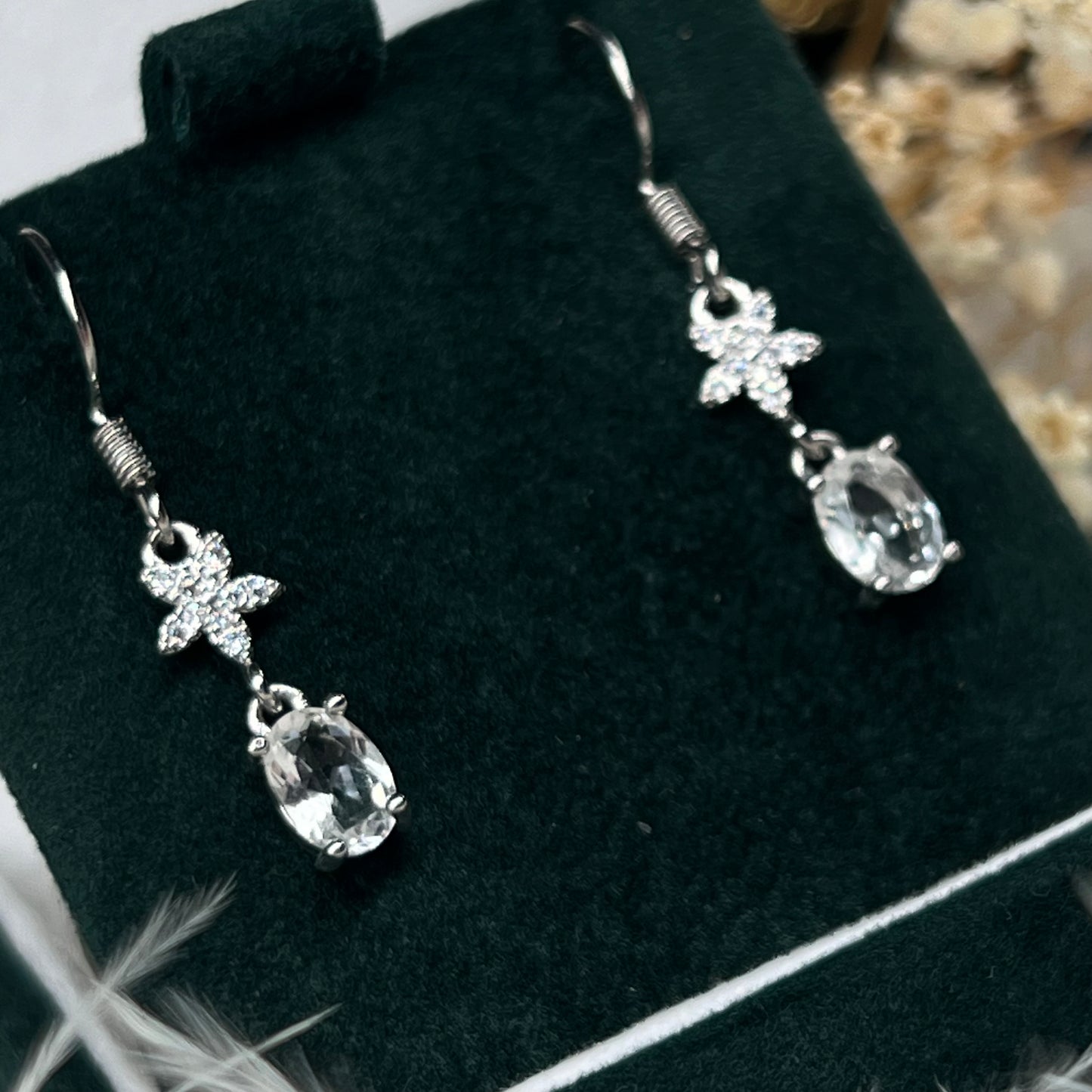 Clear quartz dangly flower earrings