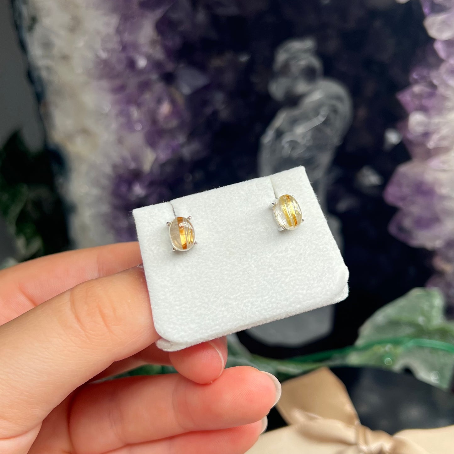 Golden rutile 925silver stud earrings