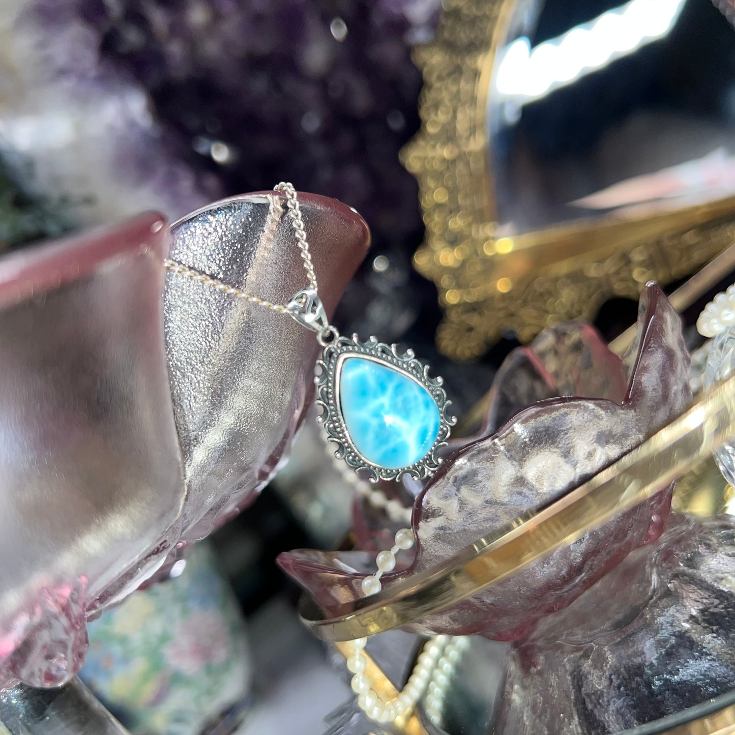 Larimar teardrop shape vintage style pendant necklace - 925 silver
