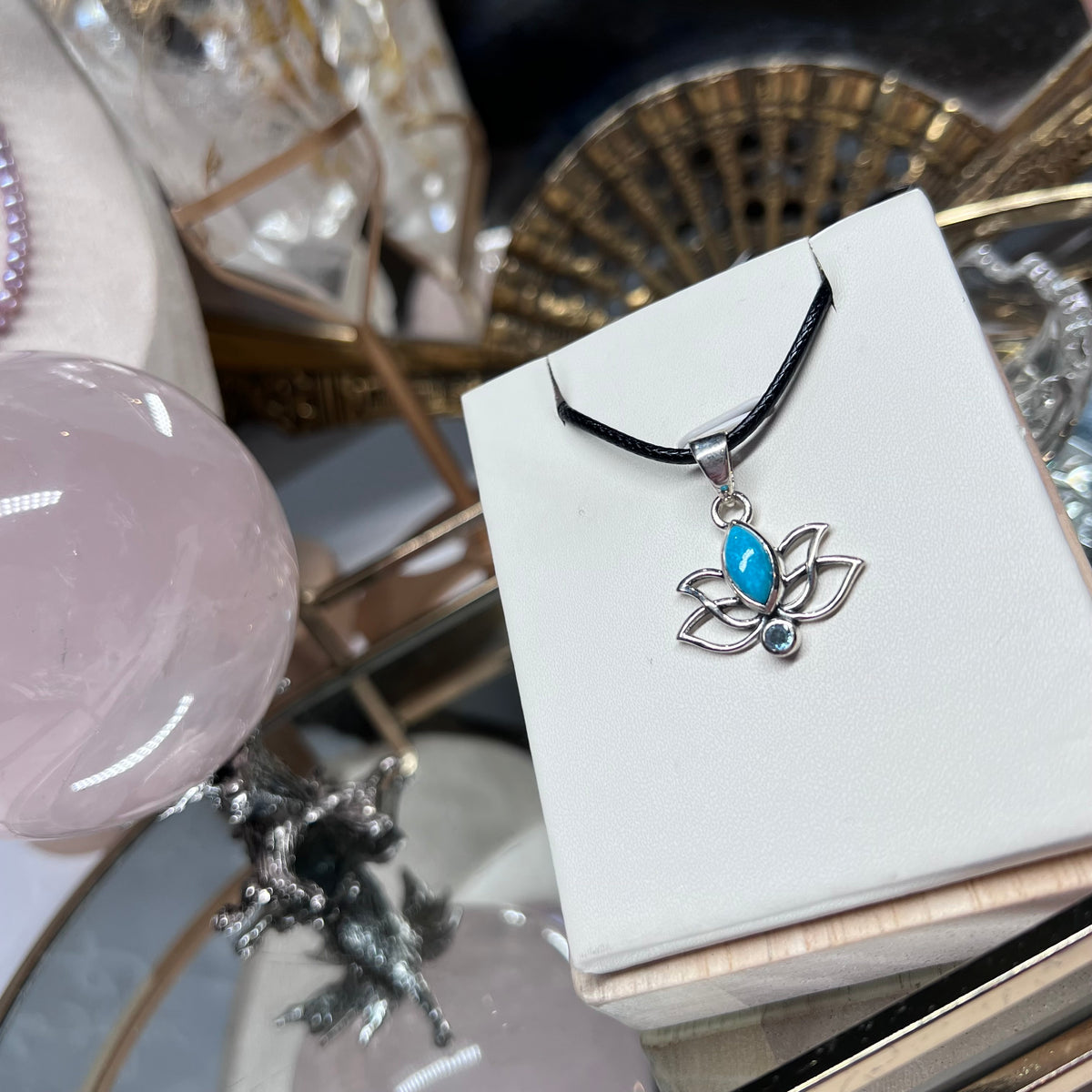 Mexican Turquoise & Blue Topaz Lotus flower pendant - 925 silver