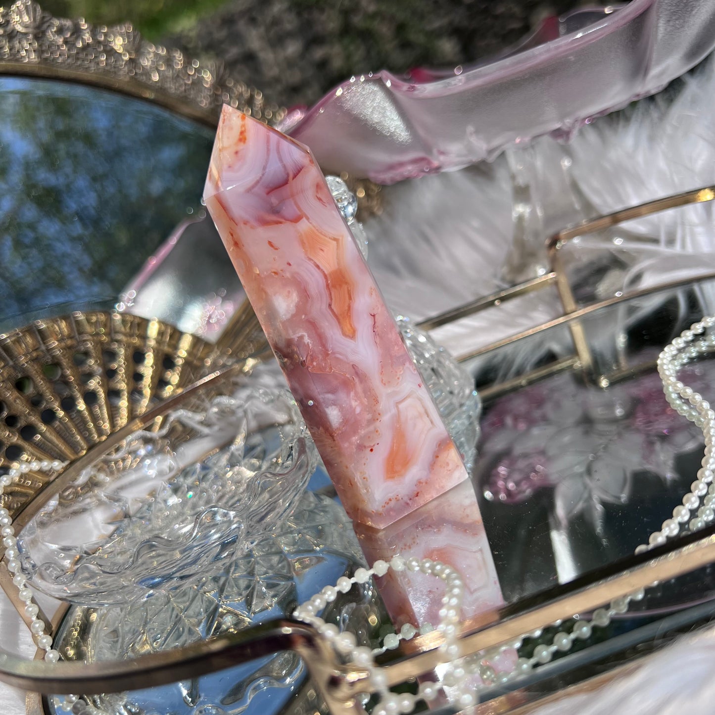Pink Carnelian with Flower Agate & Blue Chalcedony inclusions crystal tower