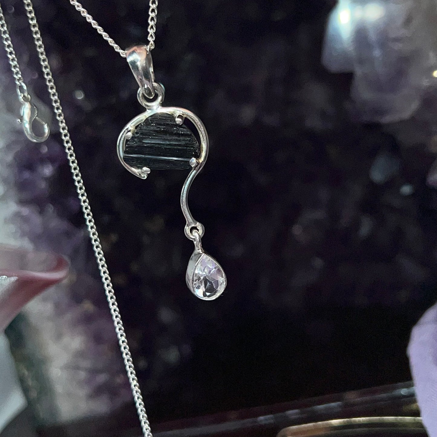 Black Tourmaline with faceted clear quartz teardrop droplet design Crystal pendant from 📍Brazil - 925silver