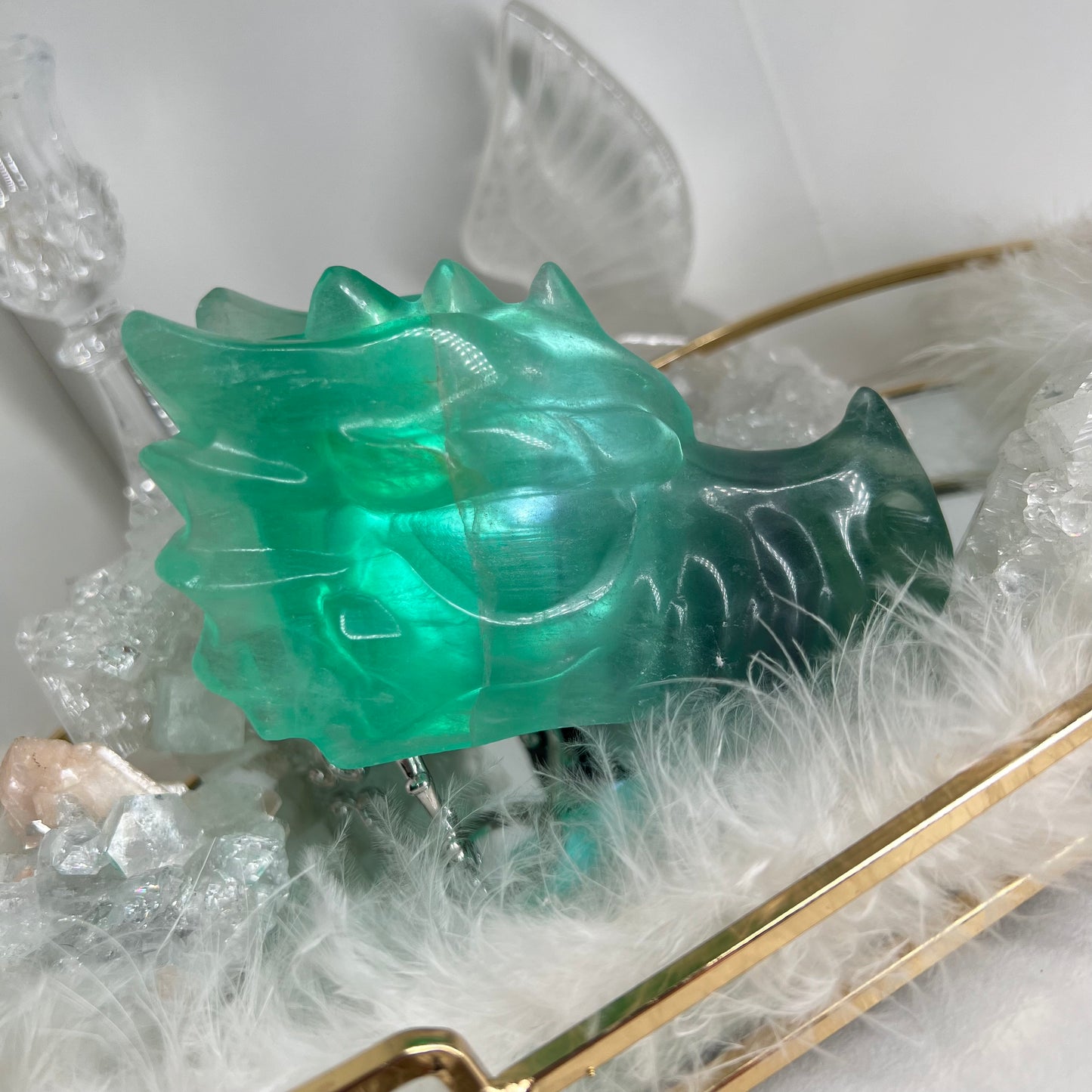 Green fluorite dragon head carving