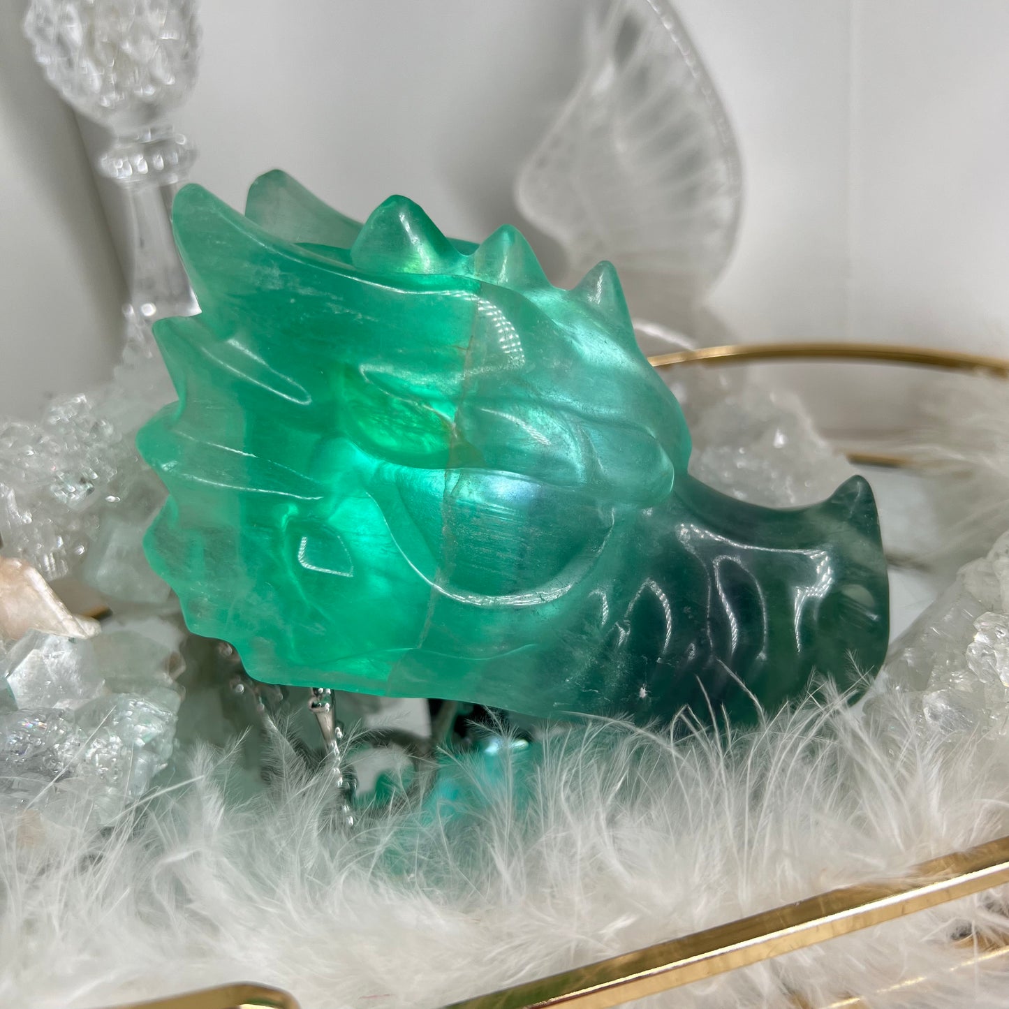 Green fluorite dragon head carving