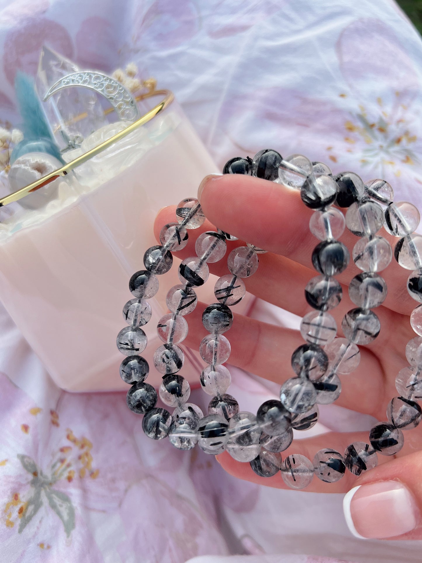 Black tourmaline in quartz high grade beaded bracelet 8.5mm