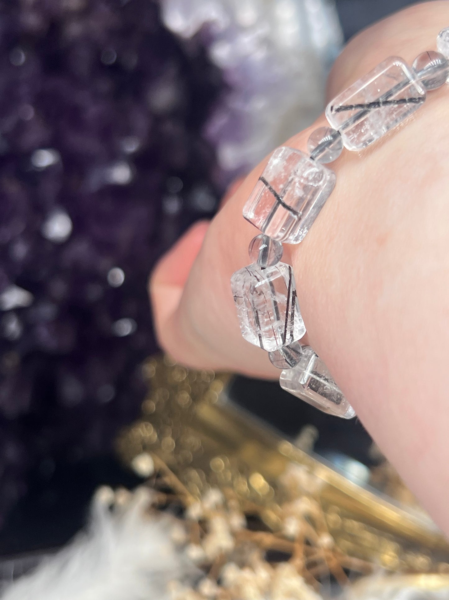 Black tourmaline quartz square beaded bracelet 8.2mm