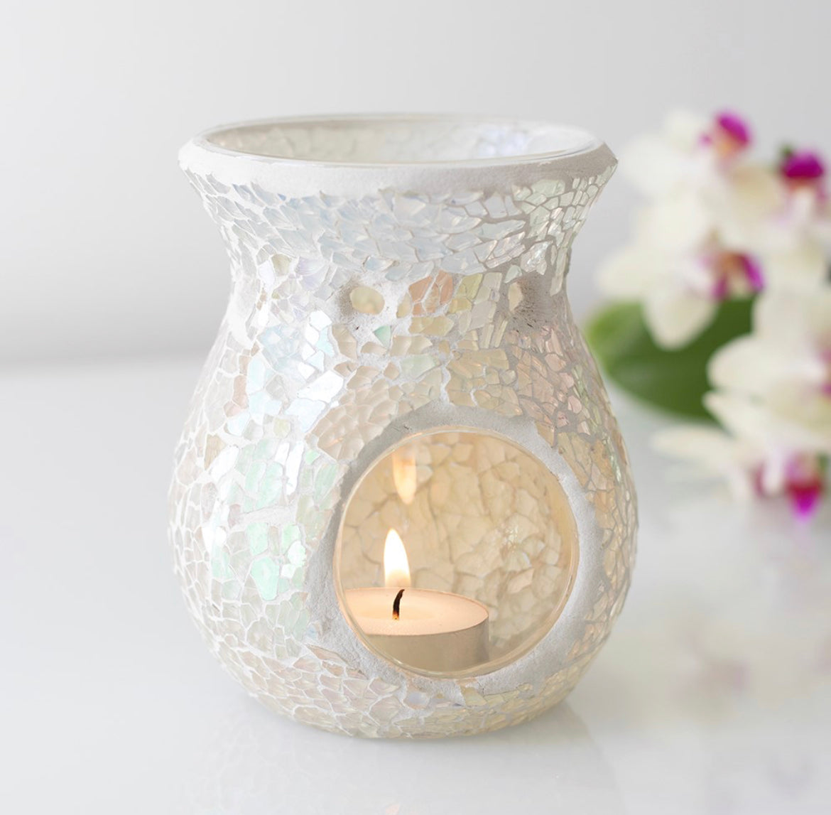 Small white iridescent crackle burner