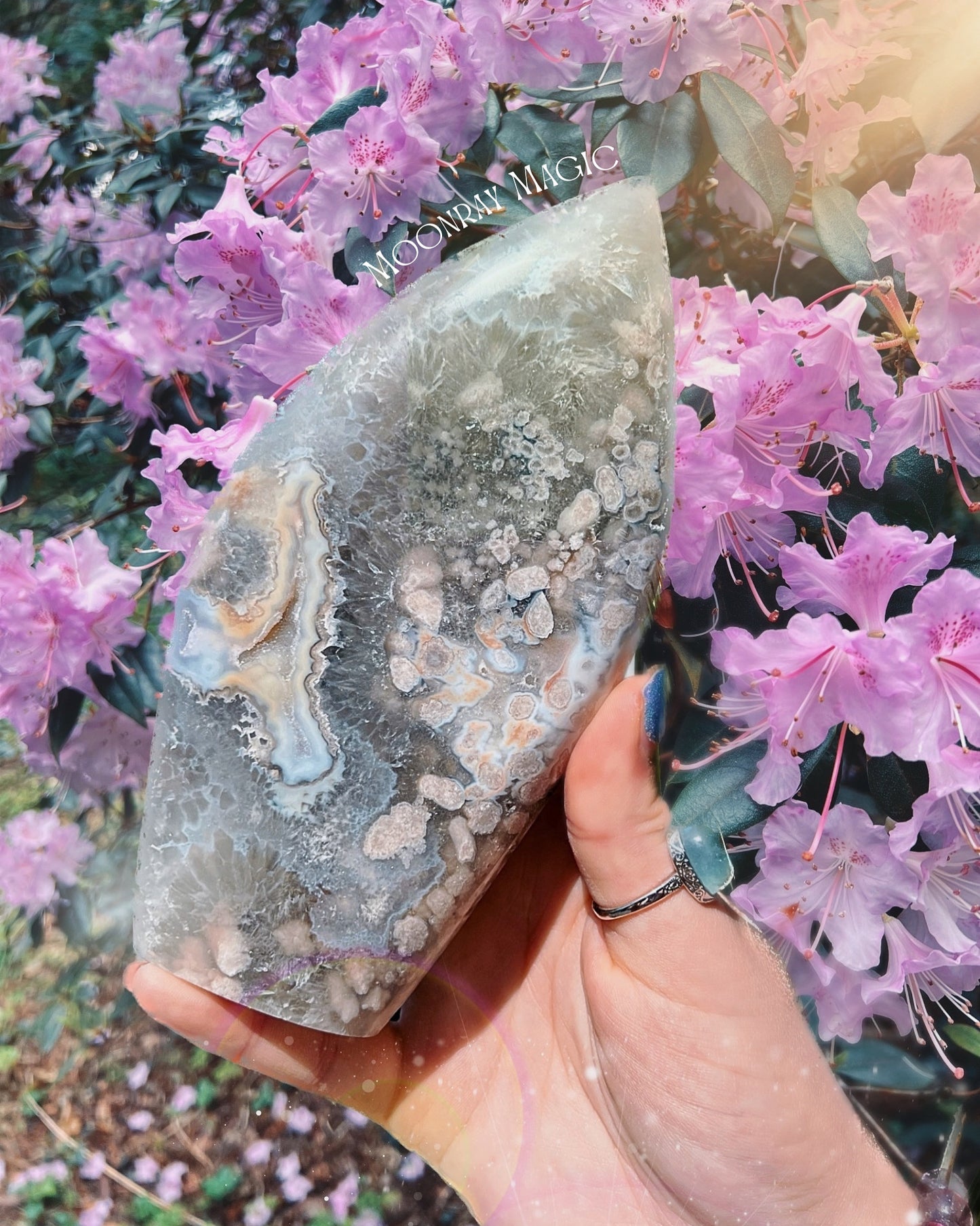 Green Quartz/ prasiolite, flower agate, blue chalcedony freeform