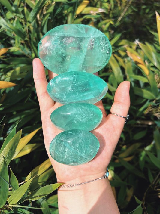 Green juicy rainbow fluorite palm stones