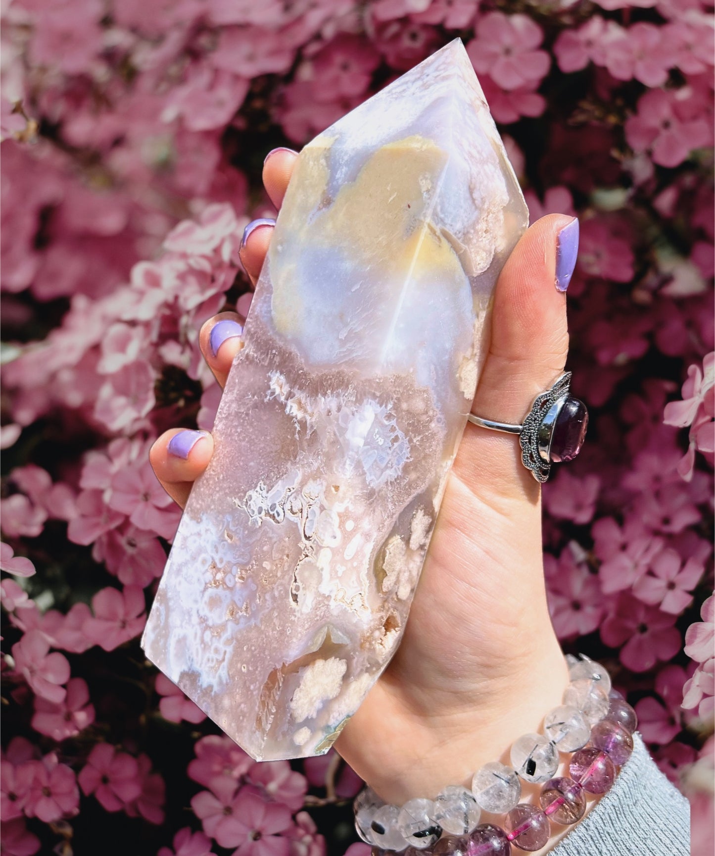 Flower agate pink amethyst tower with quartz & chalcedony