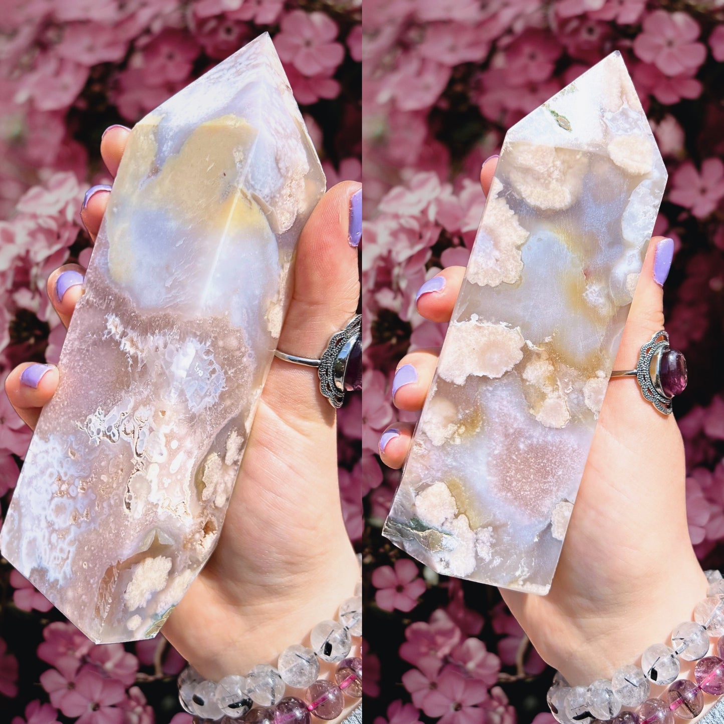 Flower agate pink amethyst tower with quartz & chalcedony