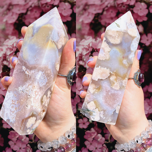 Flower agate pink amethyst tower with quartz & chalcedony