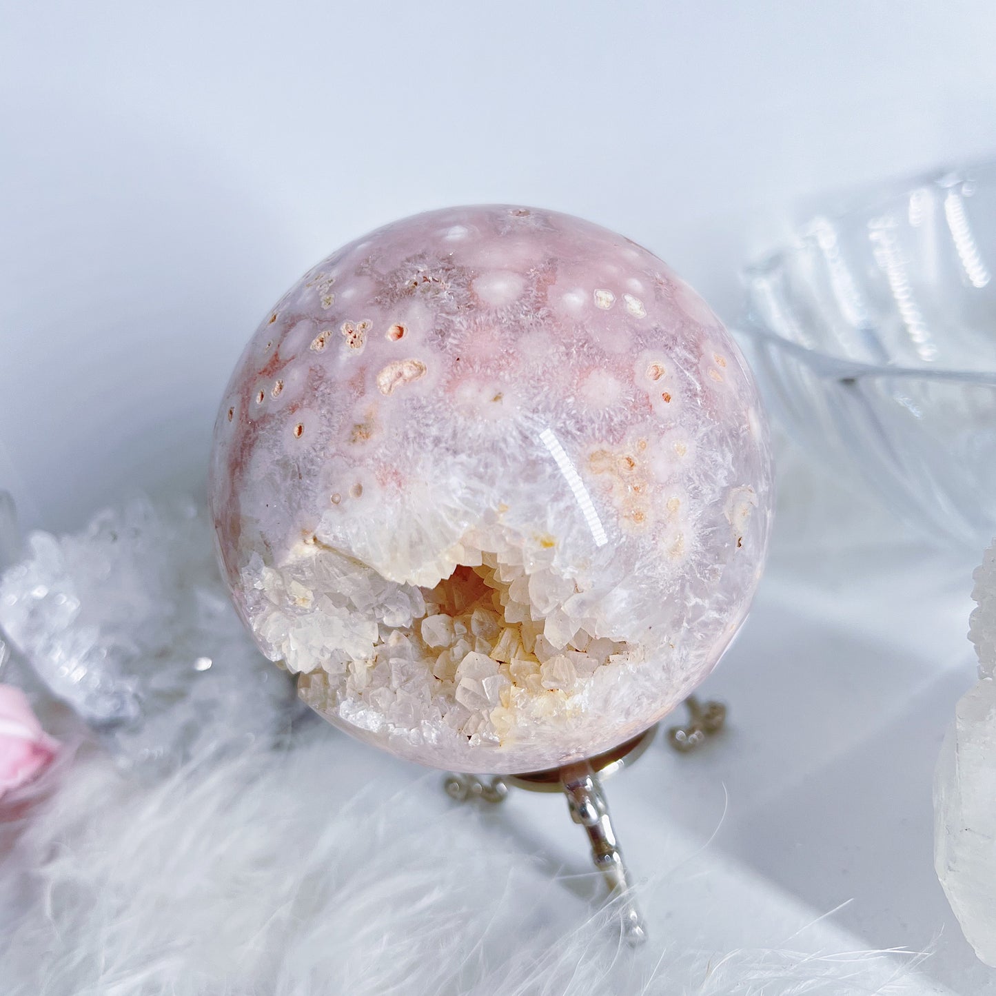 Pink Amethyst Sphere with iron inclusions & cluster Druze