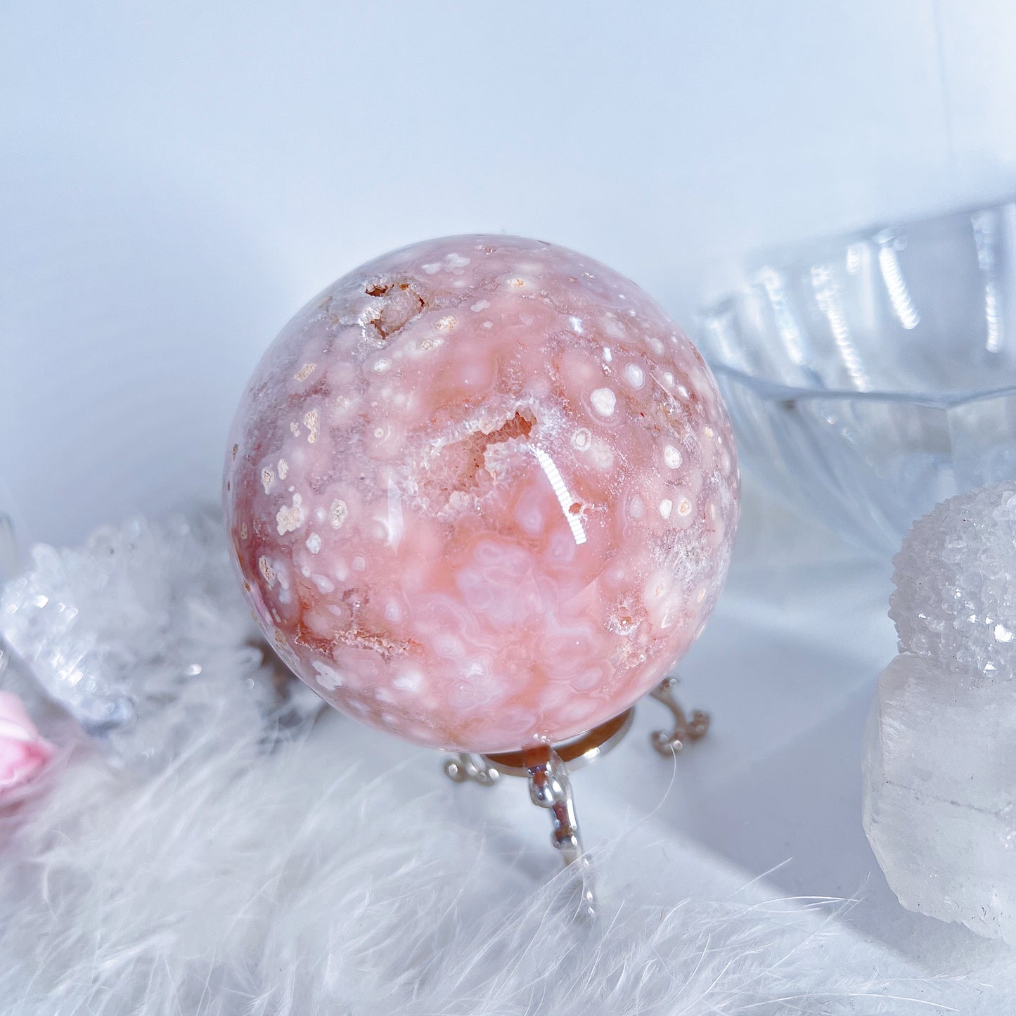 Pink Amethyst Sphere with iron inclusions & cluster Druze