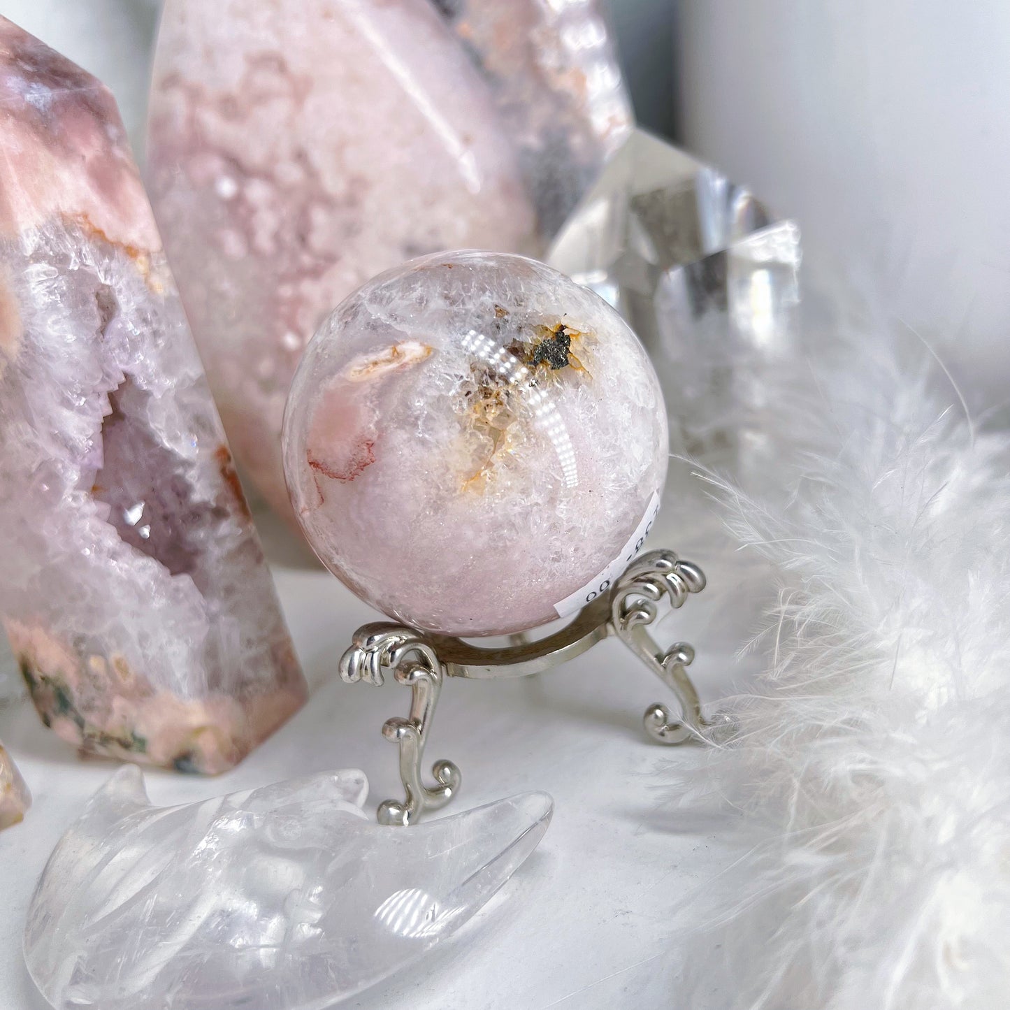 Pink amethyst, pyrite , flower agate & hematoid sphere