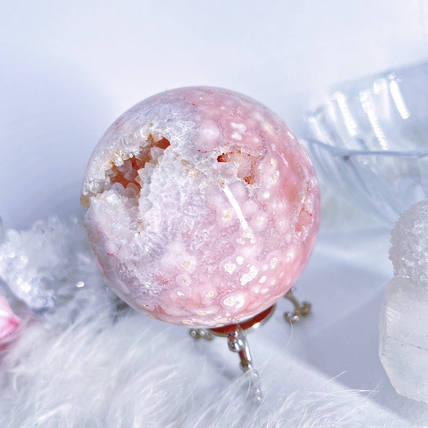 Pink Amethyst Sphere with iron inclusions & cluster Druze